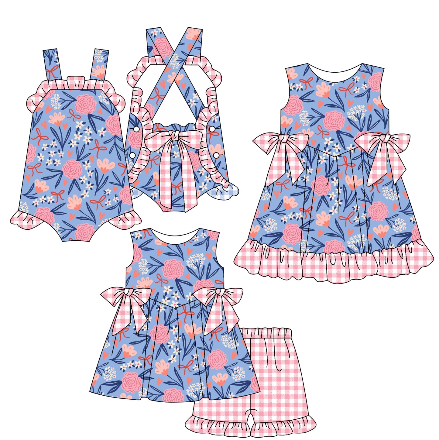 2.15 custom each style moq 5eta 4-6week Sibling Sisters floral bow baby girl short sleeve shorts sets and dress and rompers match family design