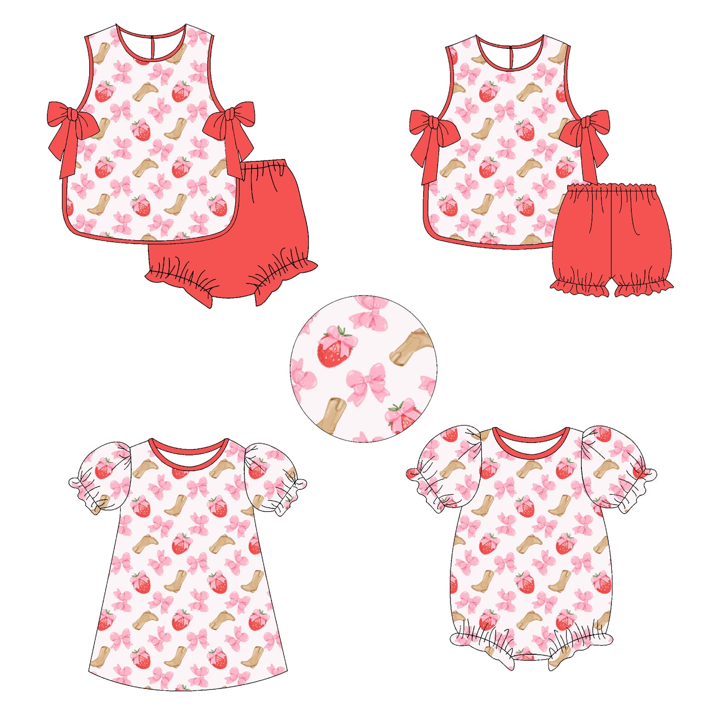 11.11 custom each style moq 5eta 4-6week Sibling Sister strawberry bow boots baby girl short sleeve shorts sets and briefs sets 2 and girls romper and dress match design