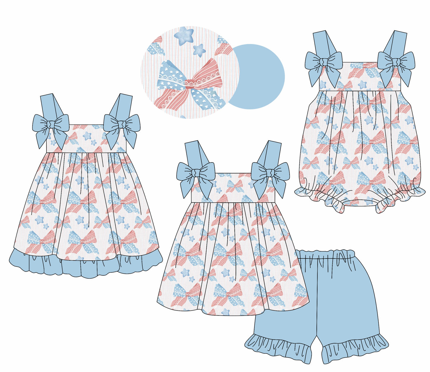 2.11 custom each style moq 5eta 4-6week Sibling Sisters bow baby girl short sleeve shorts sets and dress and rompers match family design