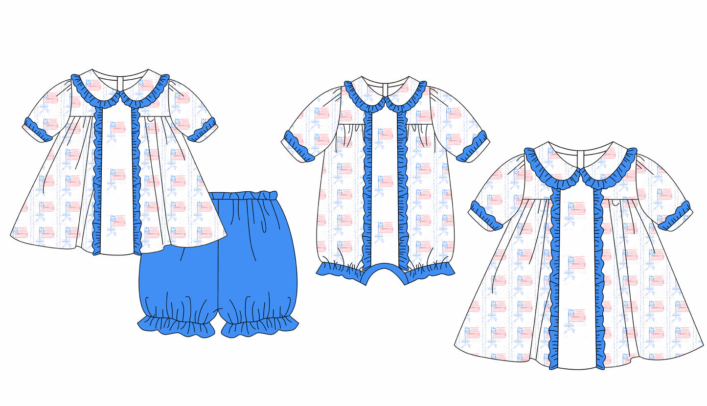 11.25 custom each style moq 5eta 4-6week Sibling Sister 4th of july baby girl short sleeve shorts sets and dress and rompers match family design