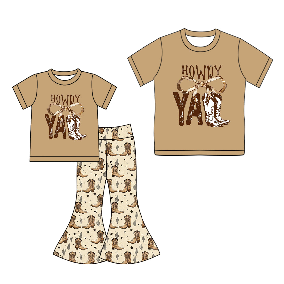 25.10.4 custom each style moq 5eta 4-6week Sibling Sister HOWDY boots bow baby short sleeve pants sets and adult top match design