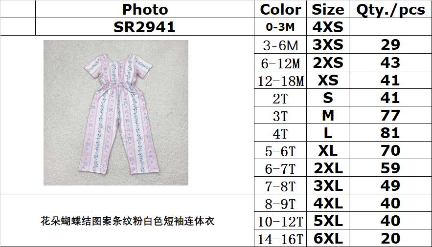 RTS NO MOQ SR2941 Floral bow pattern striped pink and white short-sleeved jumpsuit