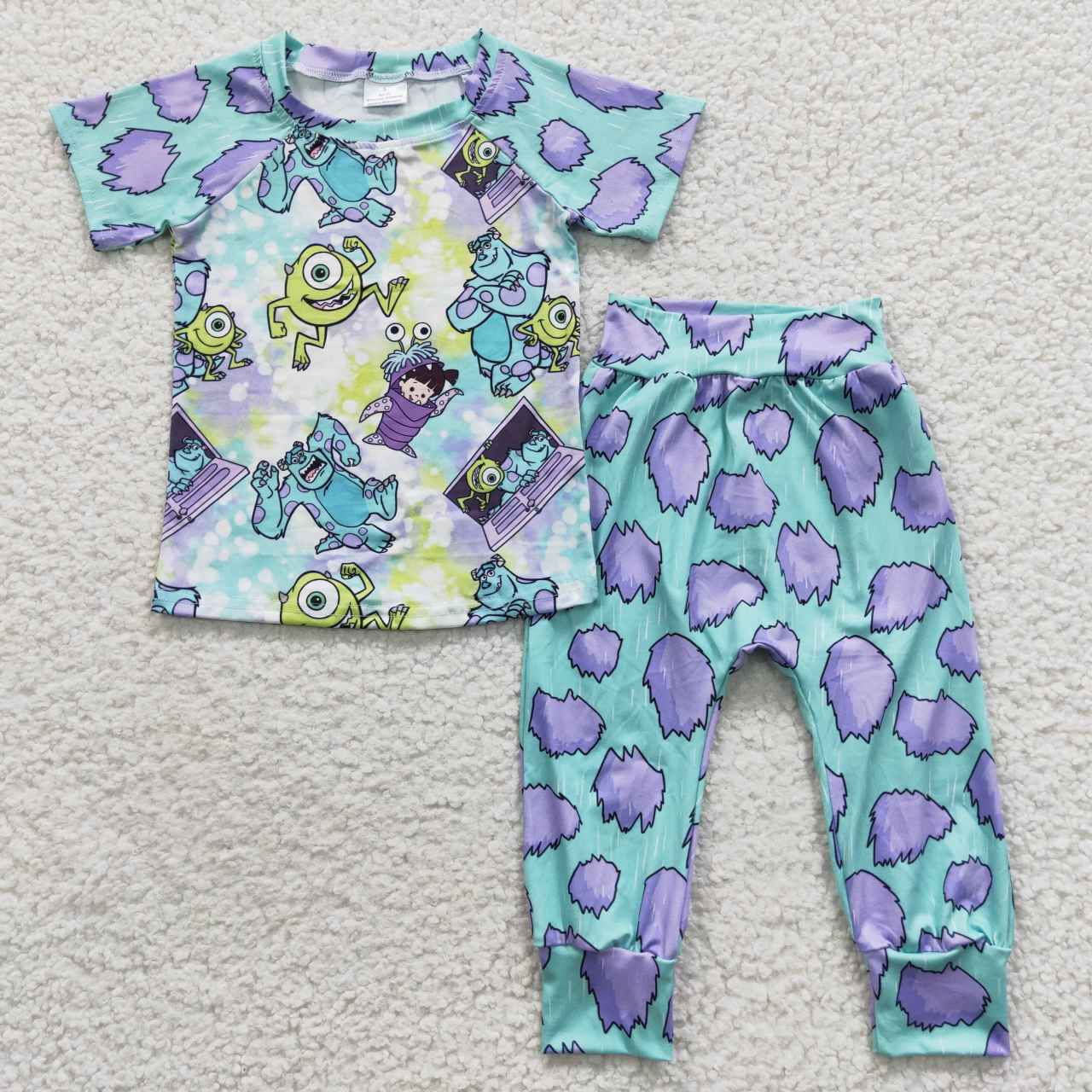 RTS NO MOQ(In Stock) BSPO0122 Cartoon Monsters University Blue Violet Short Sleeve Pants Set