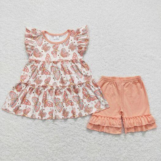 SS0259 Pink and orange lace shorts +GT0558 Butterfly beige flying sleeve top