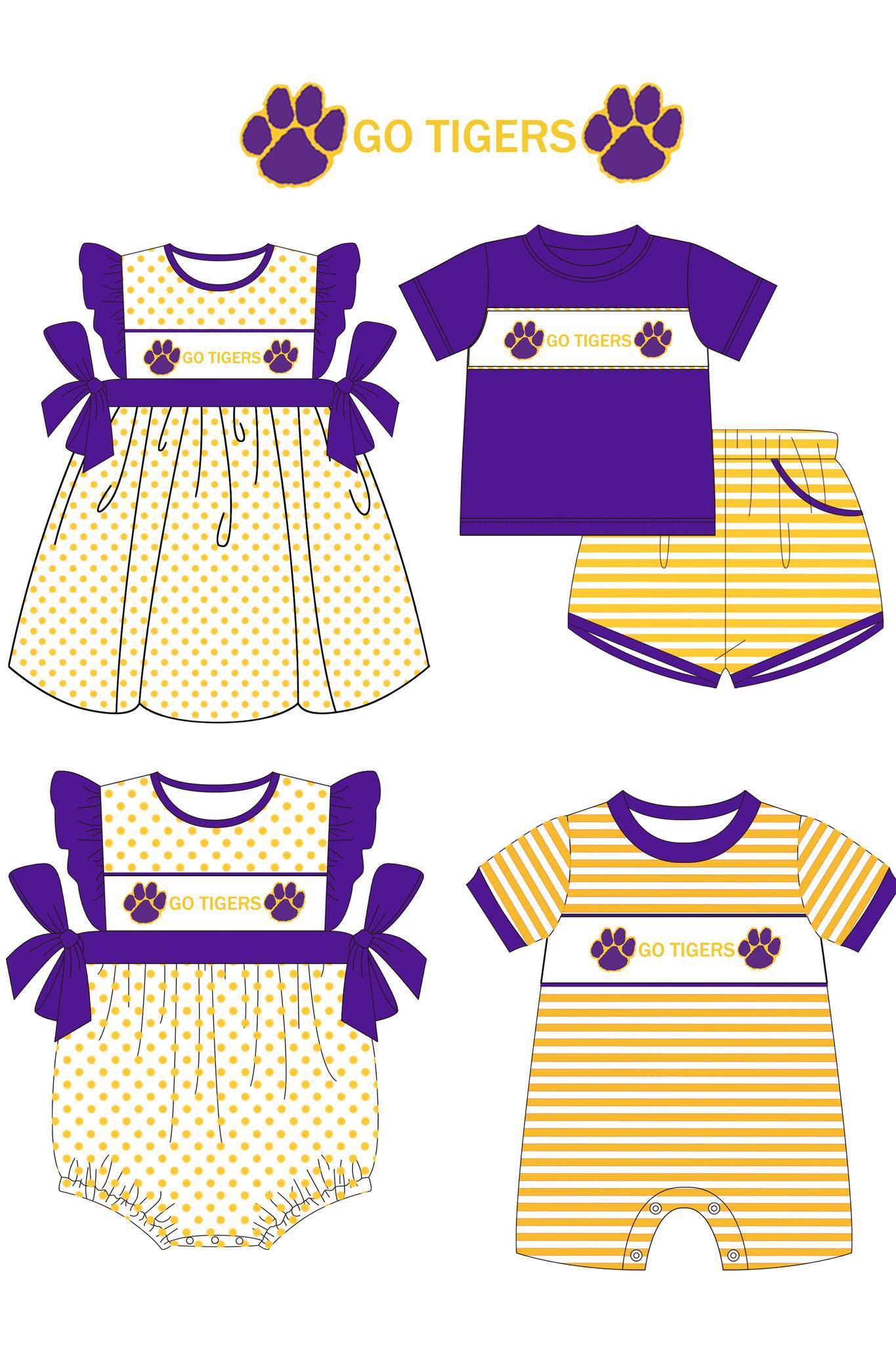 Sport team clothing custom moq 3 eta 6-8weeks Sister Clothes GO TIGERS PURPLE SETS