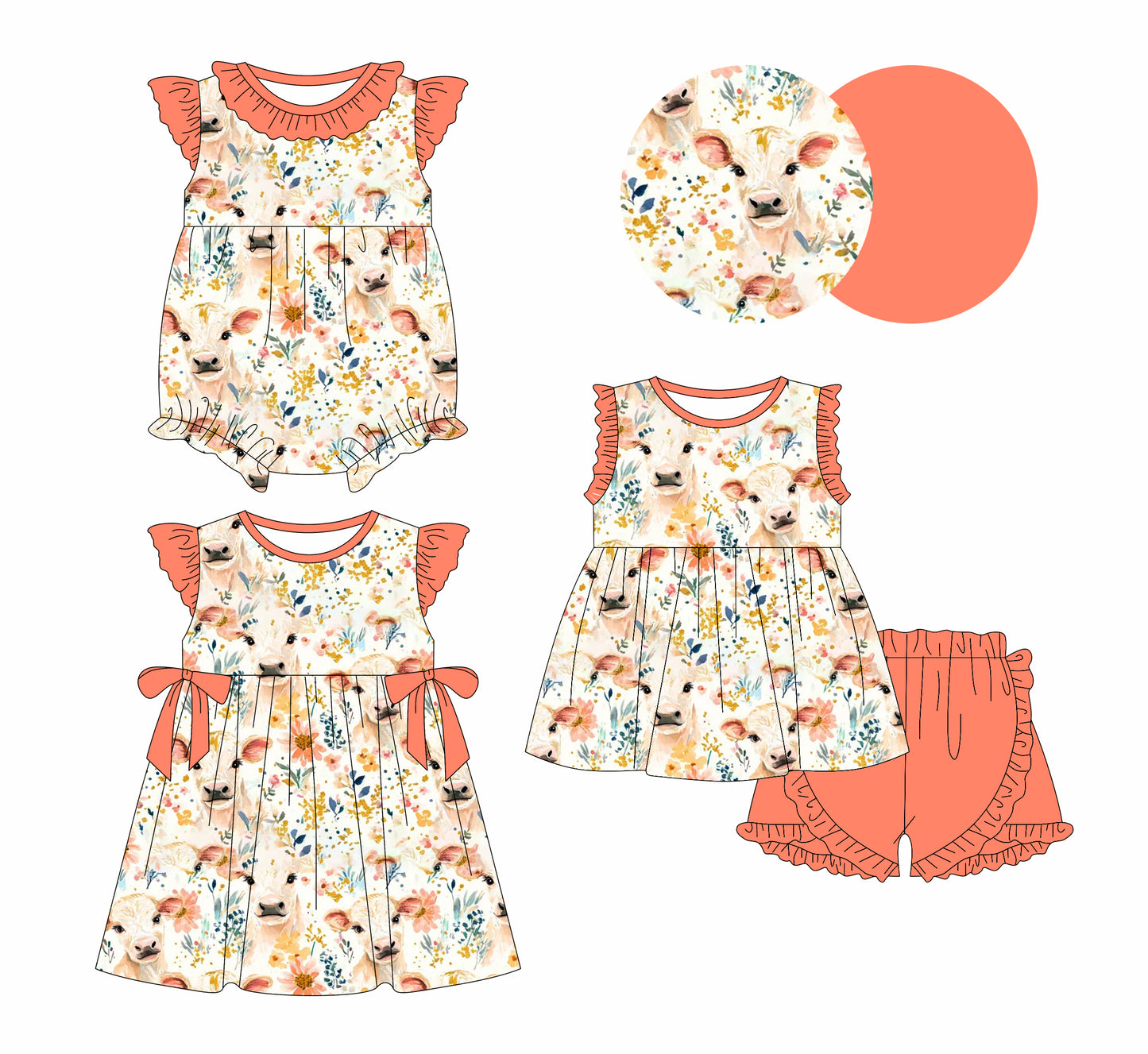 25.5.23 custom each style moq 5eta 4-6week Sibling Sisters cow floral baby girl short sleeve shorts sets and dress and rompers match family design