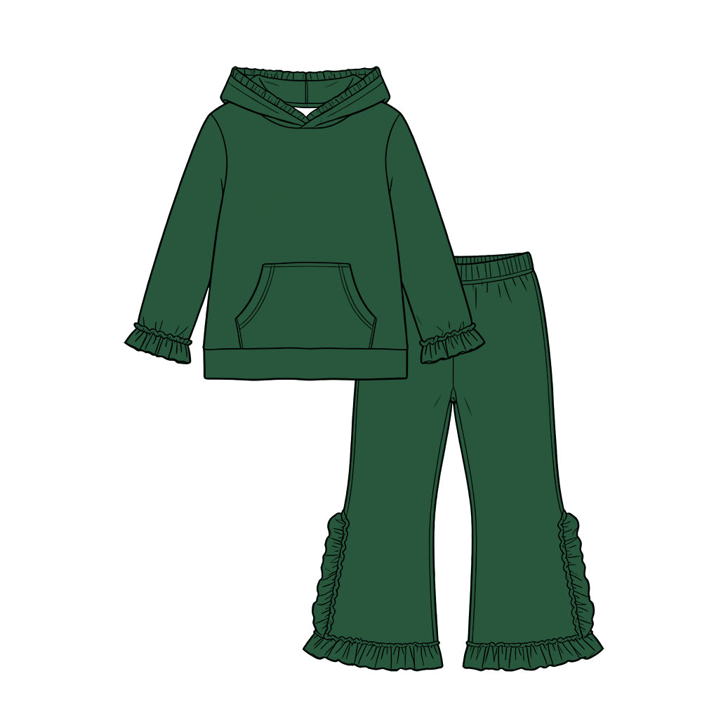 Custom moq 5 girls Blank Cotton Fabric hooded long-sleeve top and pants set Dark green long-sleeved, long-trouser set with a hood and lace detailing