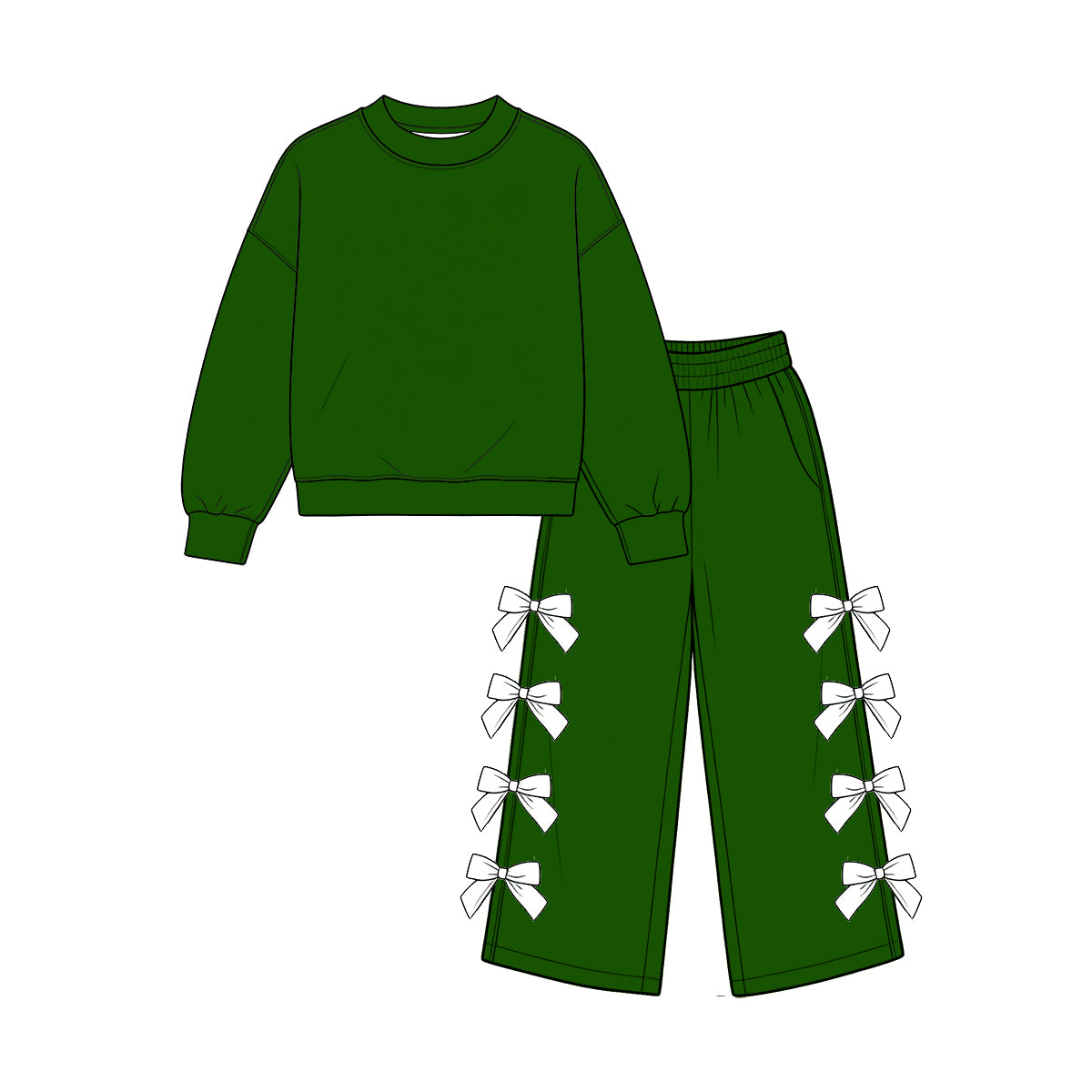 custom moq 5 mix size Baby Girls Green Long Sleeve Top And White Bow Wide Leg Pants Fall Casual Outfit