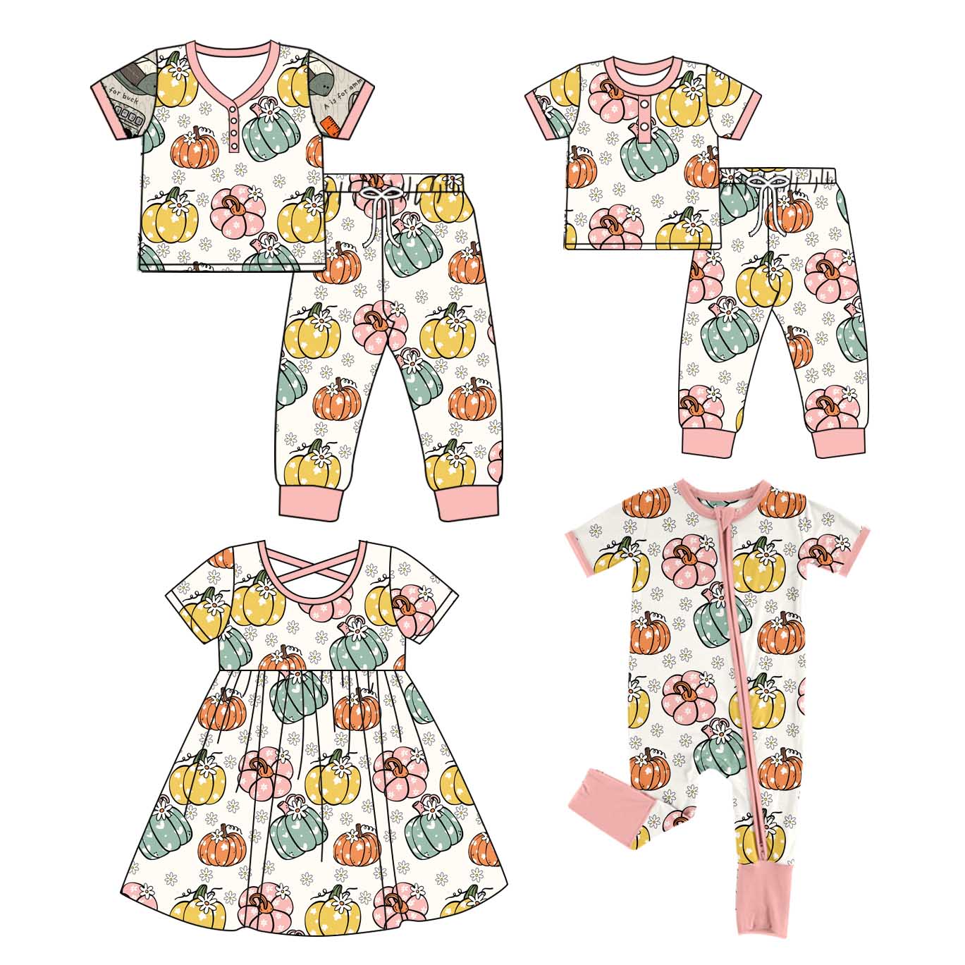 4.26 custom each style moq 5eta 4-6week Sibling Sister pumpkin short sleeve pants sets and adult sets and dress and romper match design