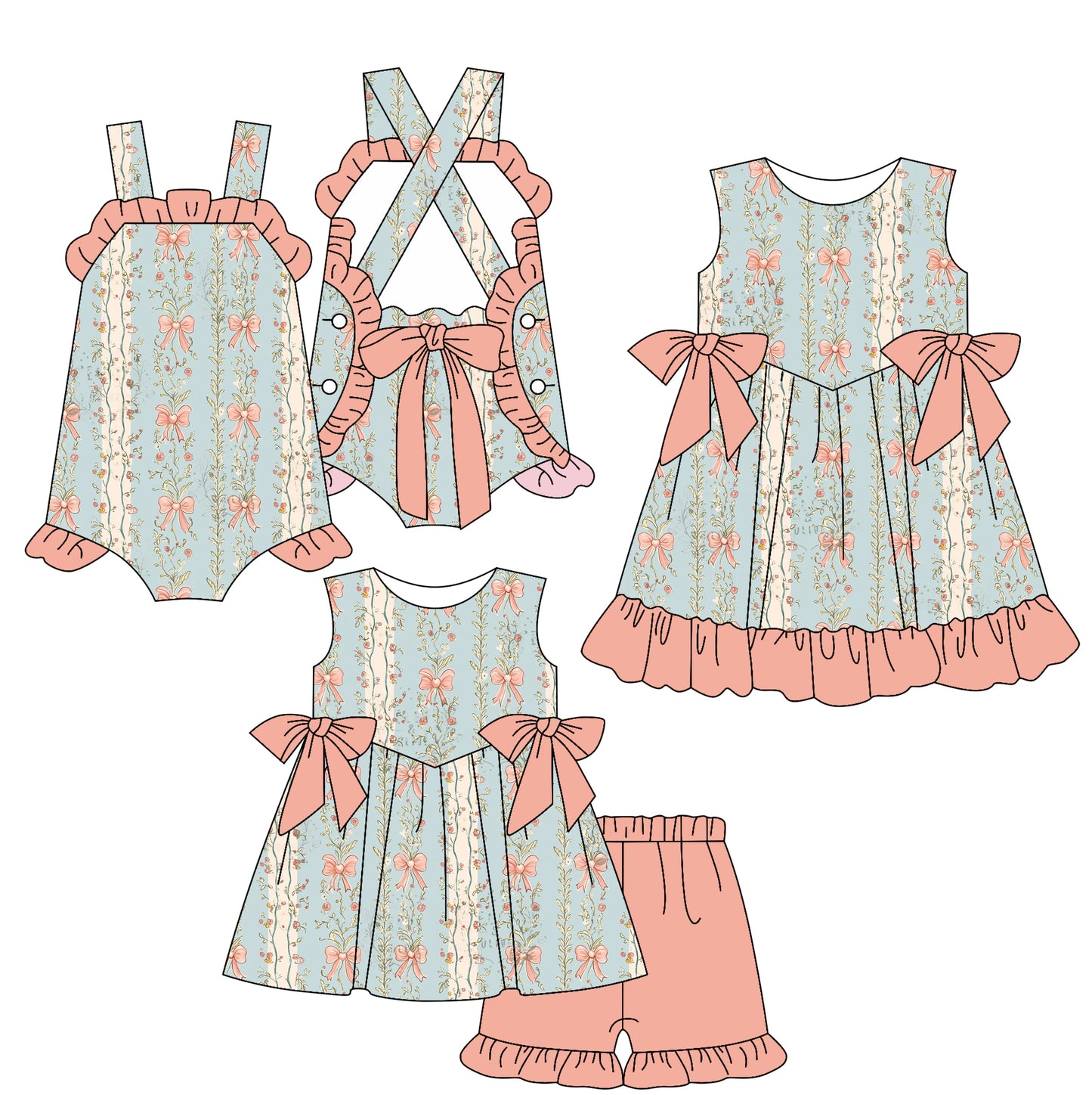 2.17 custom each style moq 5eta 4-6week Sibling Sisters bow floral baby girl short sleeve shorts sets and dress and rompers match family design