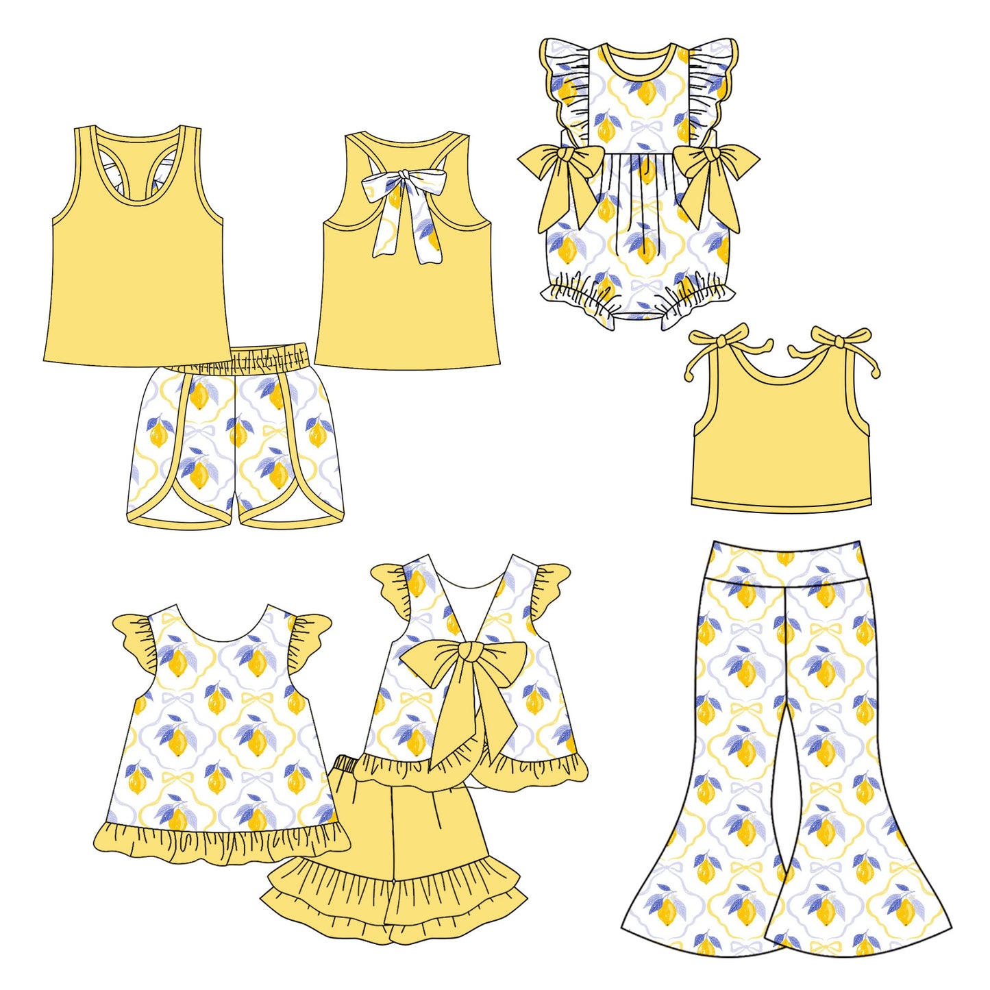 25.10.18 custom each style moq 5 eta 6-8week Sibling Sisters bow lemon baby girl short sleeve shorts sets 1 and sets 2 and pants sets and rompers match family design