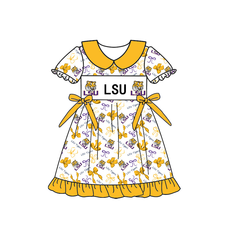 Custom moq 5 mix size milk silk summer teams Baby Girls Yellow Peter Pan Collar Knee Length Casual Dress