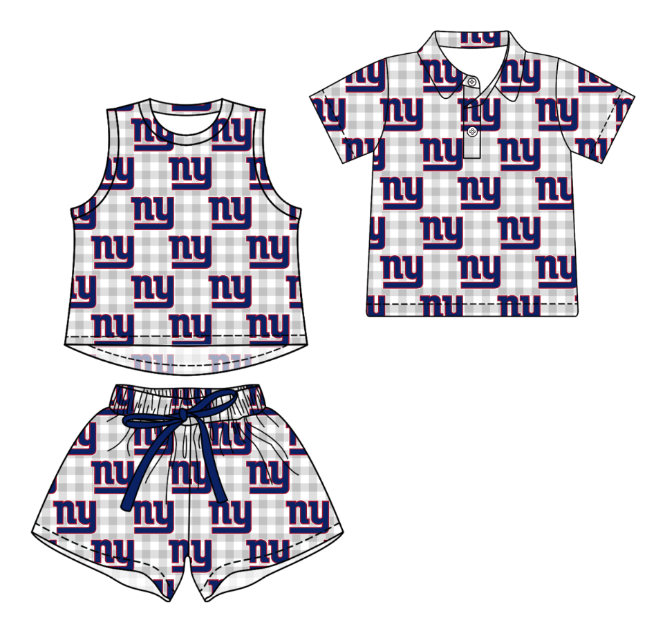 Custom moq 5 mix size milk silk summer teams Girls Checked Grey Top And Short Sets Boys Short Sleeve Button Polo Shirt Top