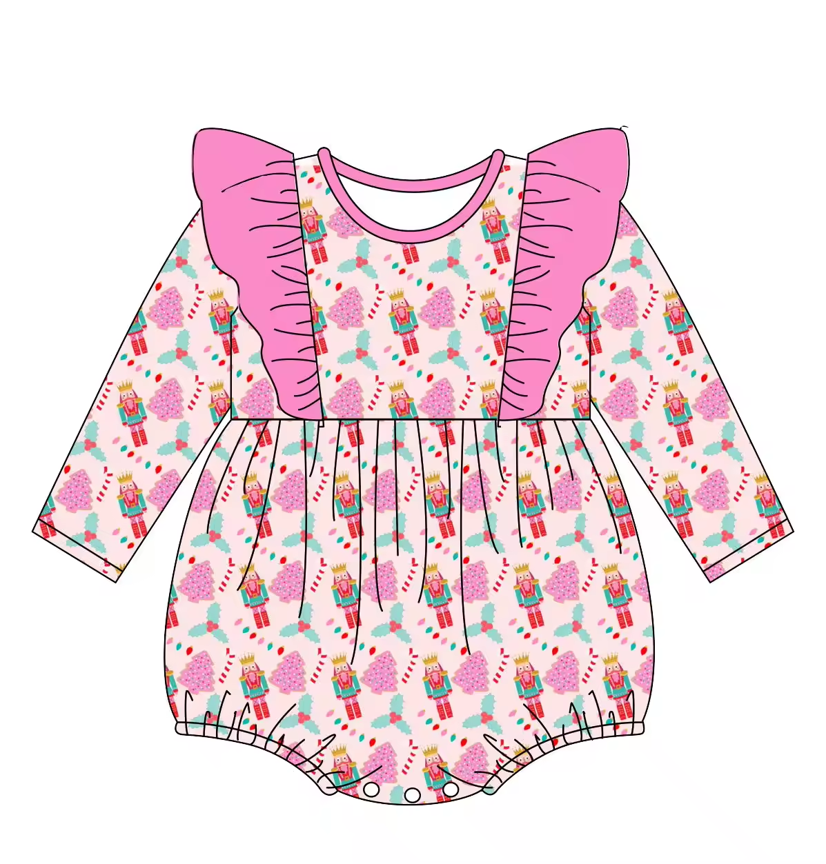 Custom moq 3 eta 6-8weeks Pink long-sleeved romper with puppet knight print and flying sleeves and shoulders