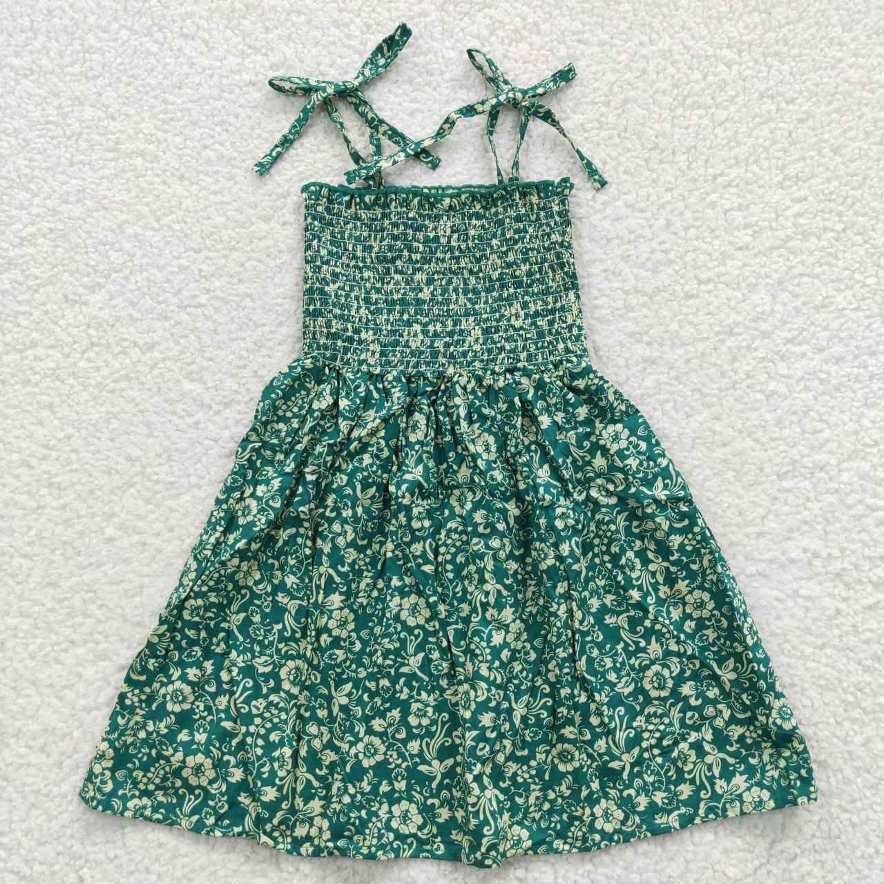 RTS NO MOQ(In Stock) GSD0369 White Floral Green Elastic Dress