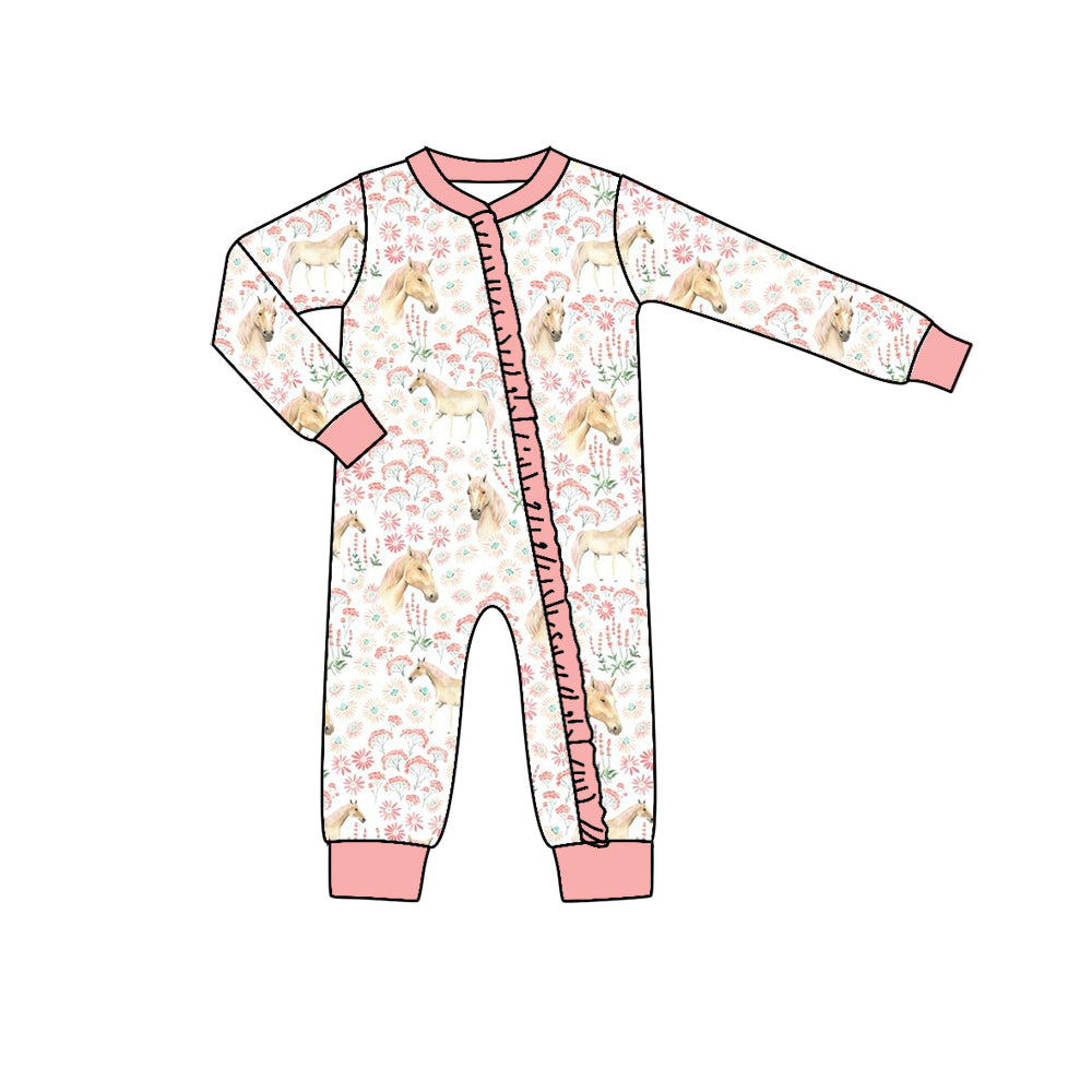 5.21custom each style moq 5eta 4-5week Sibling Sister Horse flower print white and pink lace girls set and dress and baby romper match family design