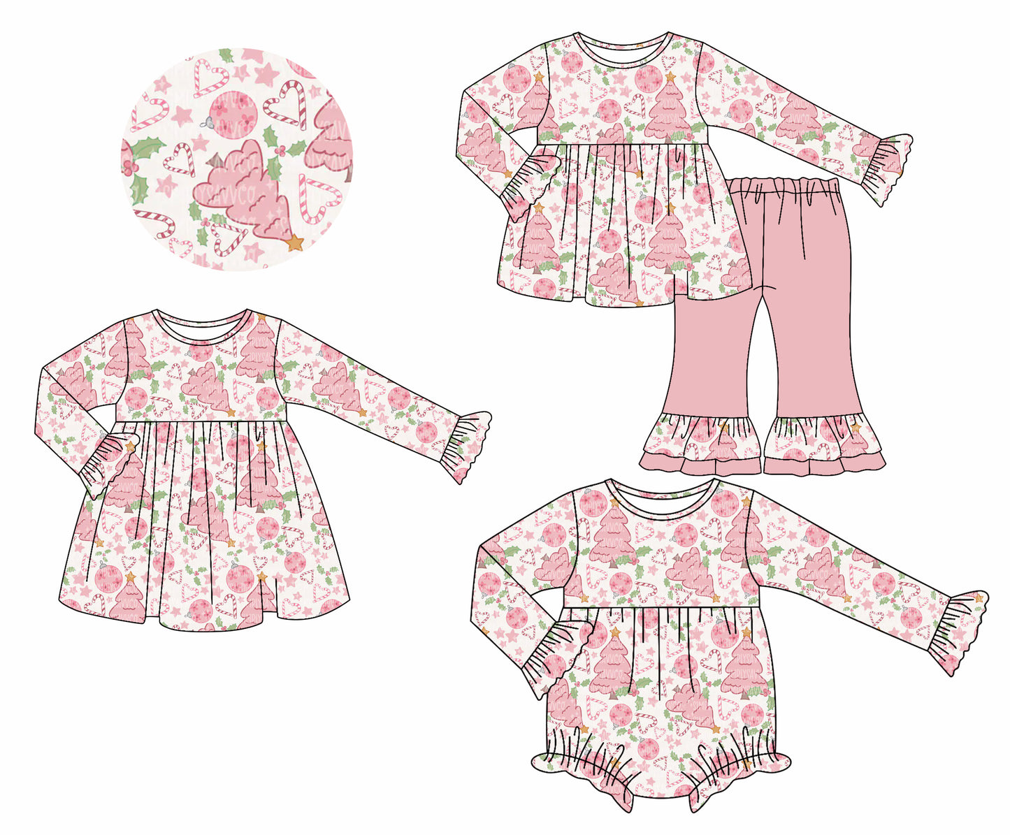 25.7.7 custom each style moq 5eta 4-6week Sibling Sisters Christmas trees pink baby girl long sleeve pants sets and dress and rompers match family design