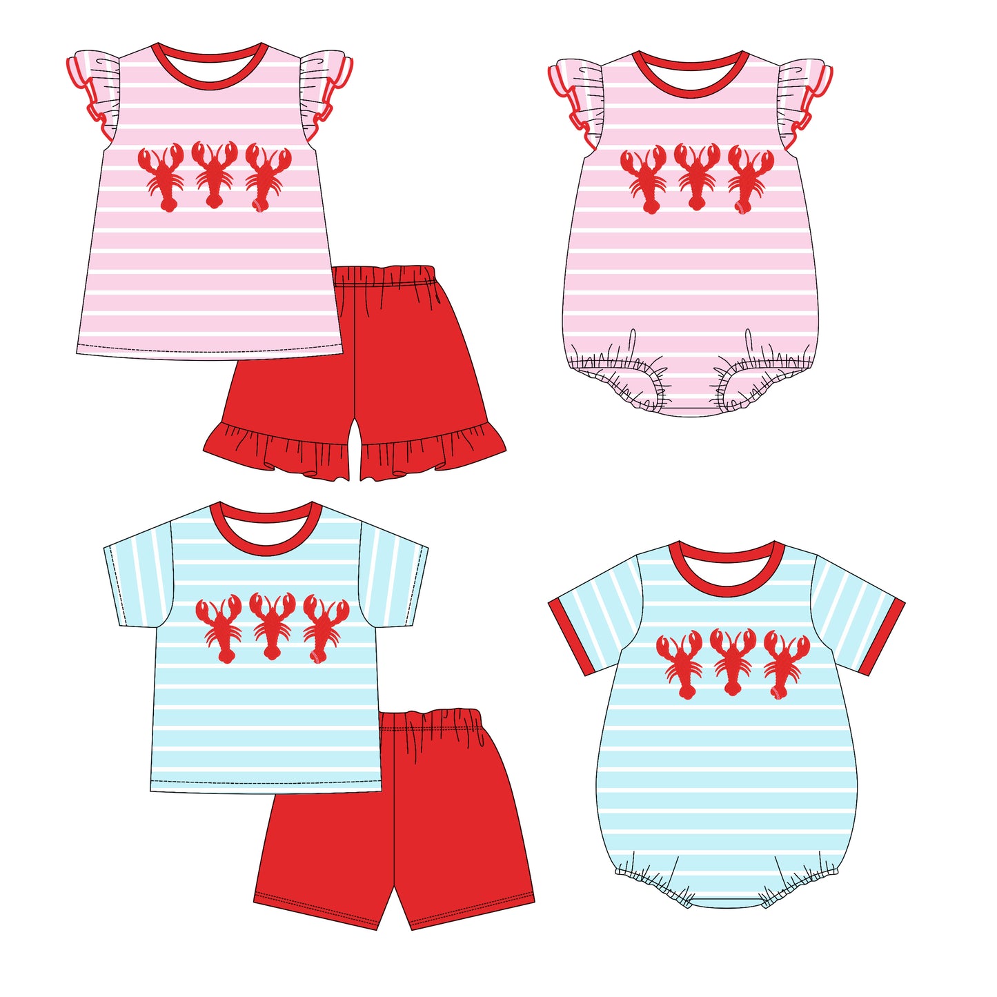25.11.10 custom each style moq 5 eta 6-8week Sibling Sister lobster baby short sleeve shorts sets 2 and romper 2 match design