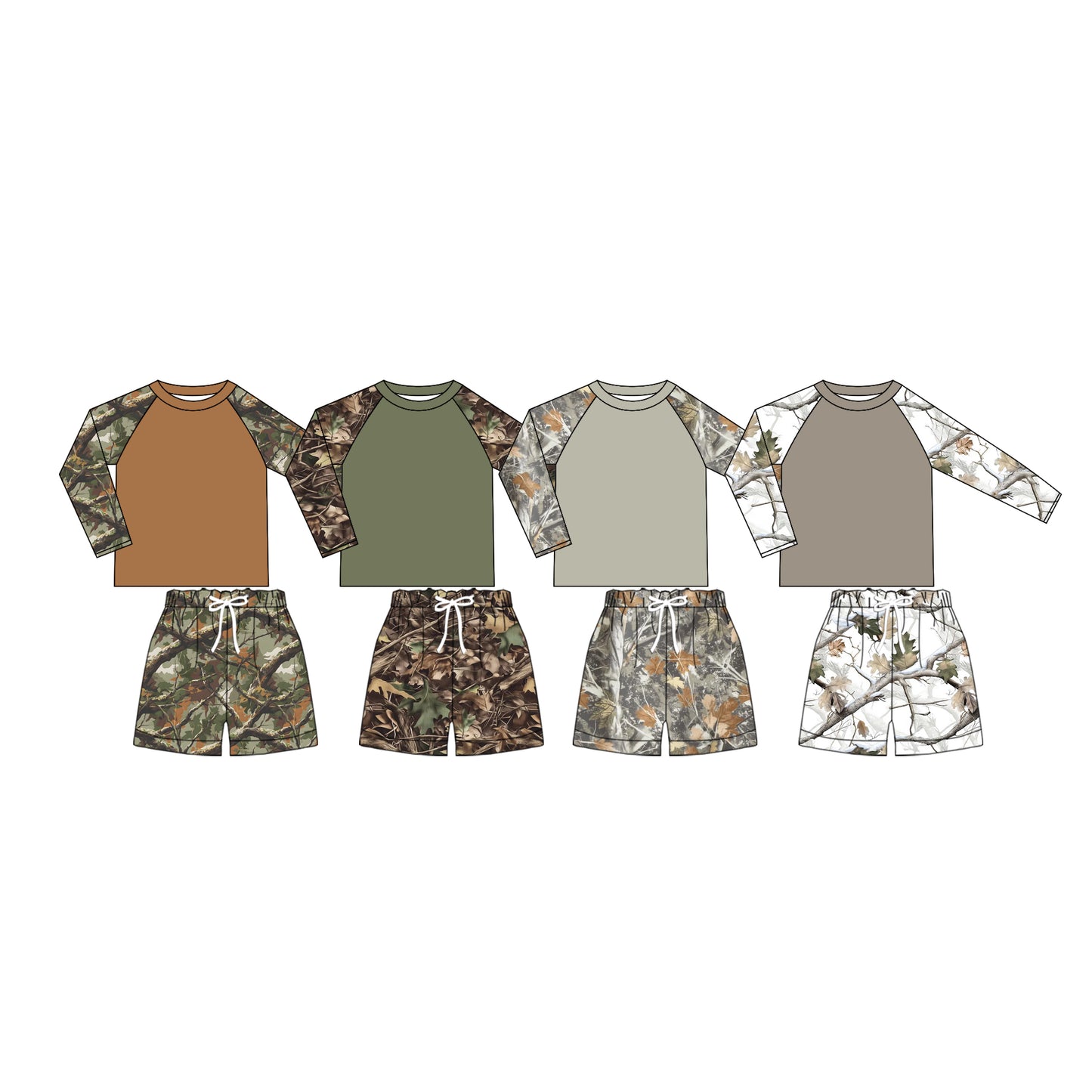 Custom moq 5 mix size Sibling Baby Girls Long Sleeve Southern Leaves Camouflage Top with Shorts Swimsuit Clothes Set for Infants