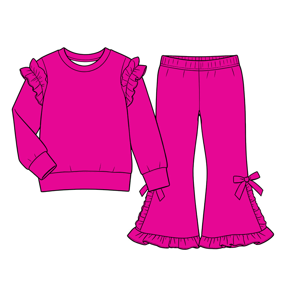 Custom moq 5 cotton fabric girls ruffle sets solid color blank Magenta long-sleeve sweatshirt with ruffled trim and flared pants set featuring side bows