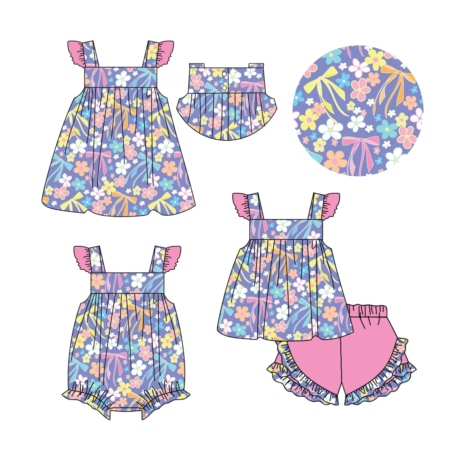 26.1.21 custom each style moq 5 eta 6-8week Sibling Sister bow floral baby short sleeve shorts sets and romper and dress match design