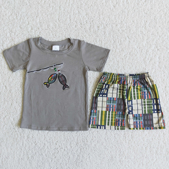 A3-12 Baby boys Fishing lattice outfits summer shorts sets