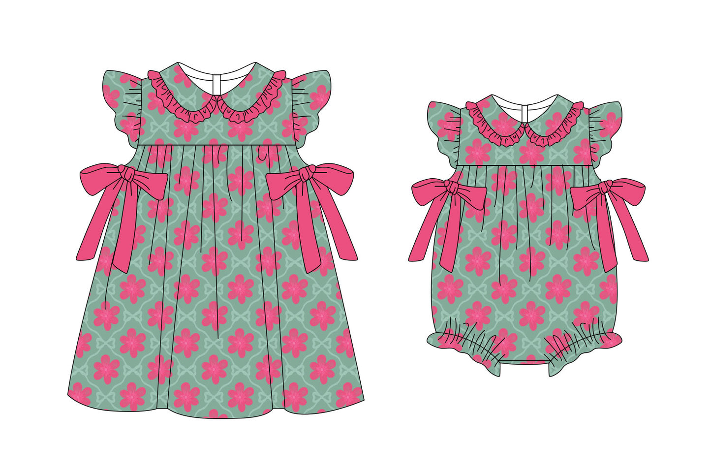 25.11.7 custom each style moq 5 eta 6-8week Sibling Sister floral bow baby short sleeve romper and dress match design