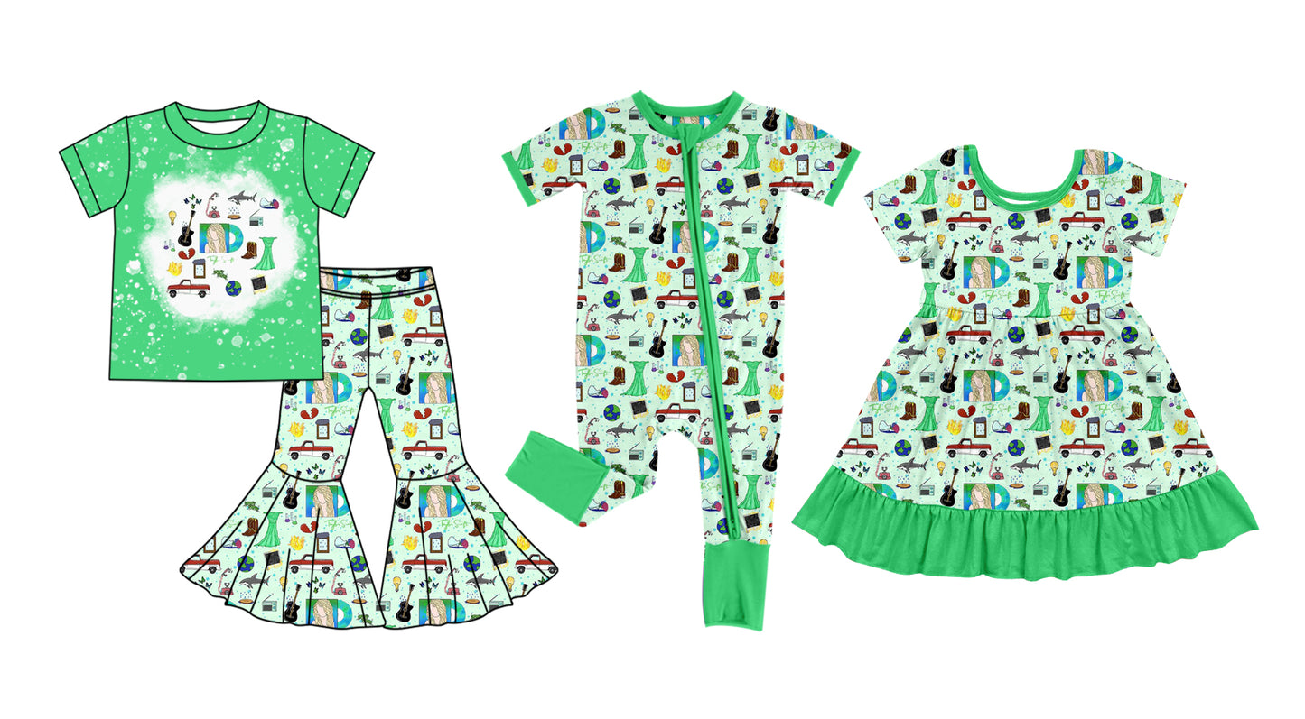 12.6 custom each style moq 5eta 4-6week Sibling Sister green baby girl sets and dress and rompers match family design