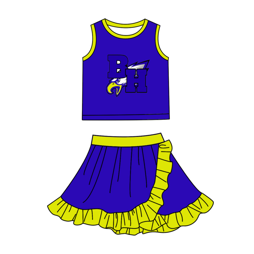 Custom moq 5 mix size milk silk summer teams Baby Girls Blue Vest Scallop Skirt Yoga Set