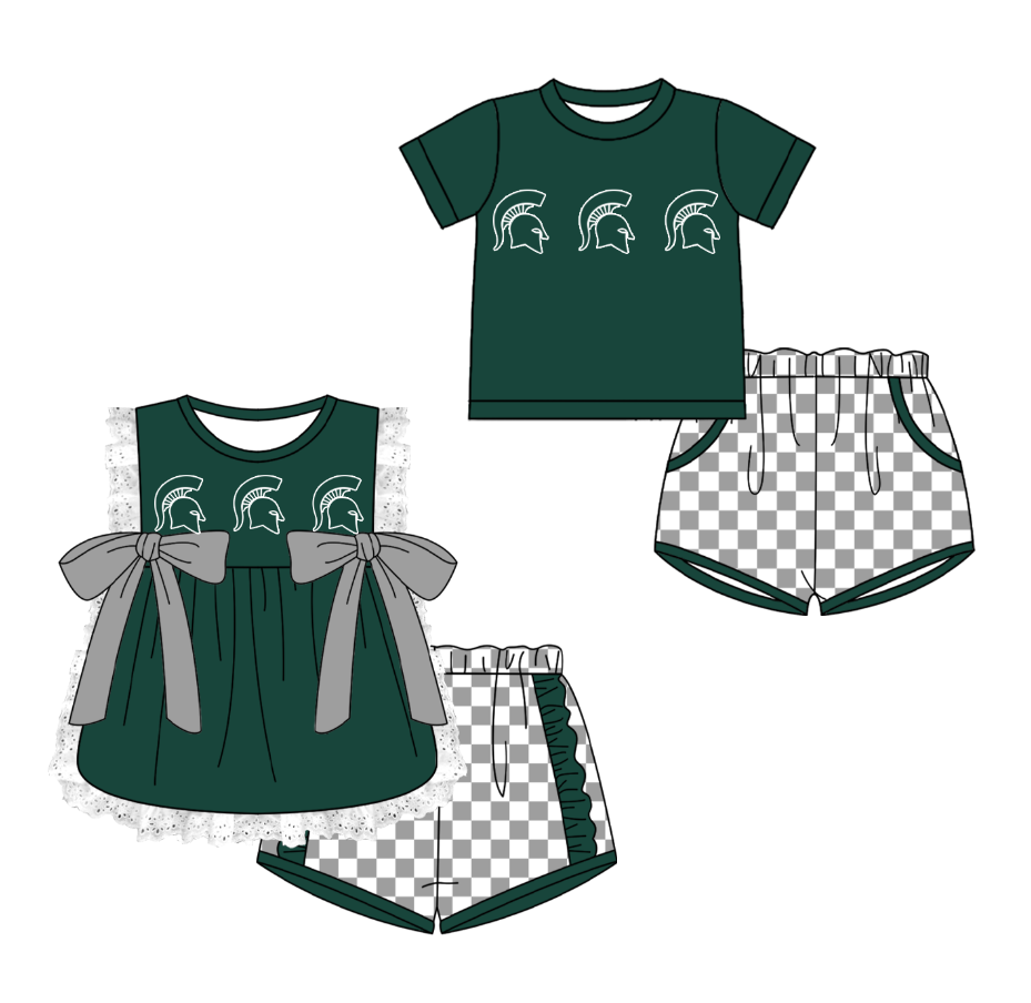 Custom moq 5 mix size milk silk summer teams Green Girl Sleeveless Top And Plaid Shorts Set with Bow Boy Short Sleeved Top And Plaid Shorts Set