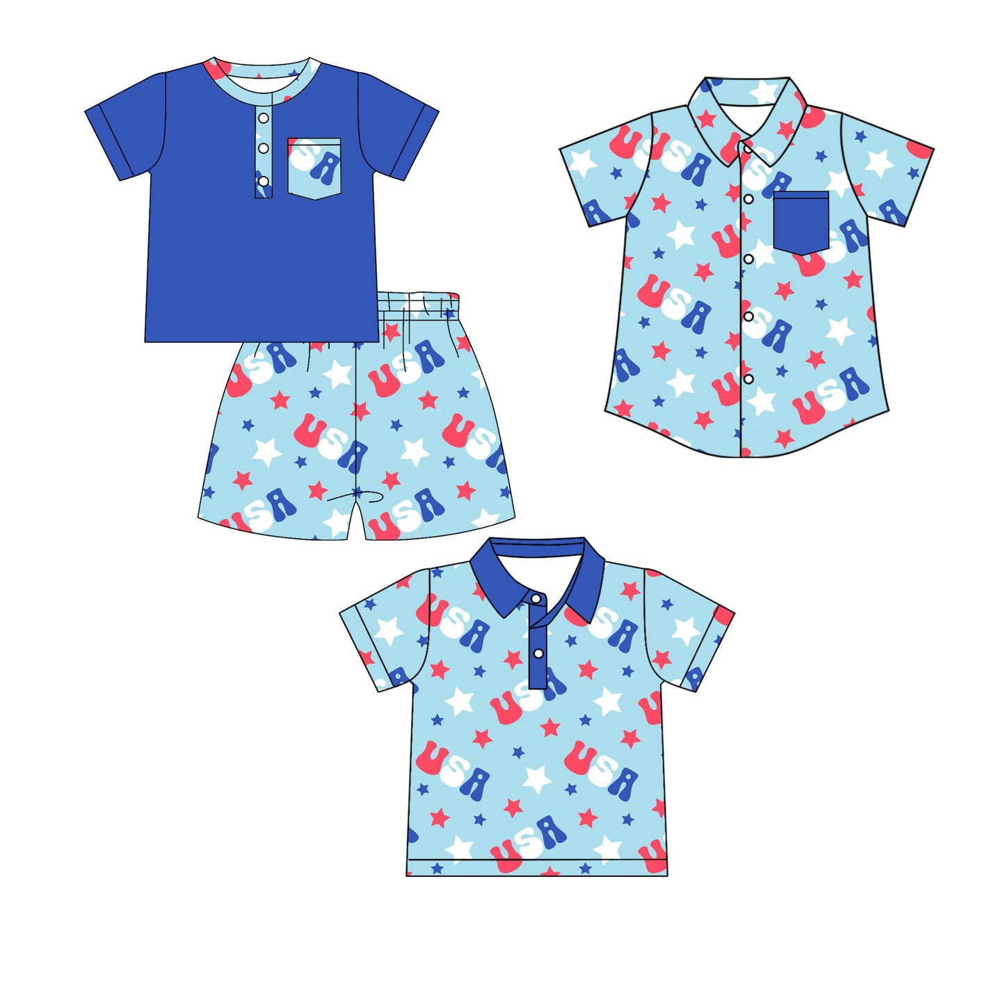 Custom moq 5 mix size Baby Boy blue Short-Sleeved Top And Shorts Set Polo Shirt button-down top with pockets summer 4th of July Outfit