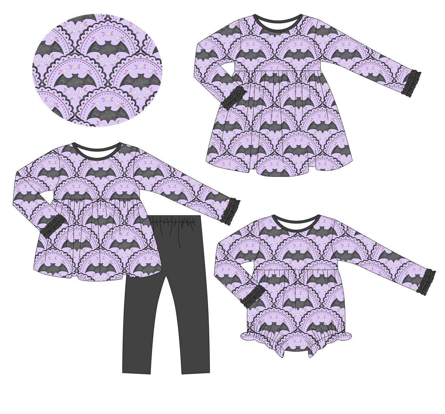 25.6.12 custom each style moq 5eta 4-6week Sibling Sisters bat purple baby girl long sleeve pants sets and dress and rompers match family design