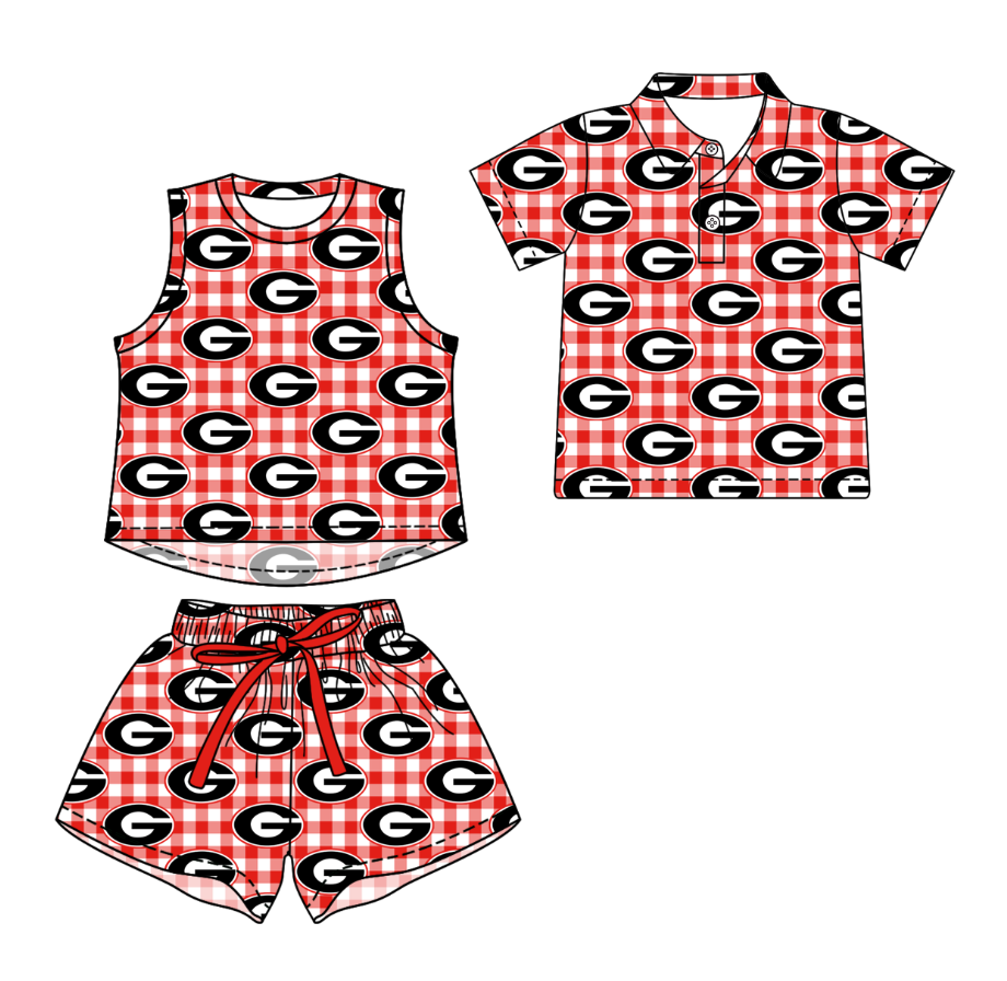 Custom moq 5 mix size milk silk summer teams Red Checked Girls Sleeveless Top And Short Sets Boys Short Sleeve Checked Button Polo Shirt Top