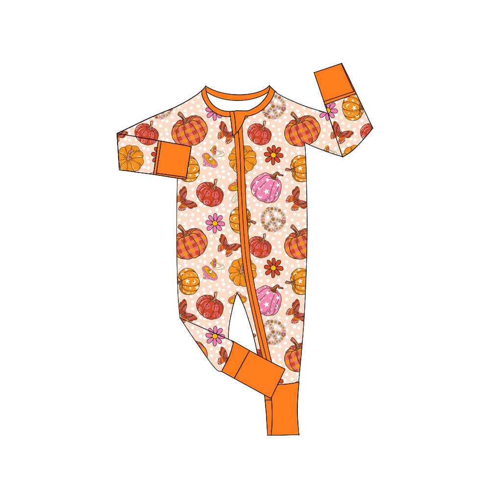 6.12 custom each style moq 5eta 4-6 week Sibling Sister pumpkin orange baby girls pajamas outfits and romper match family design