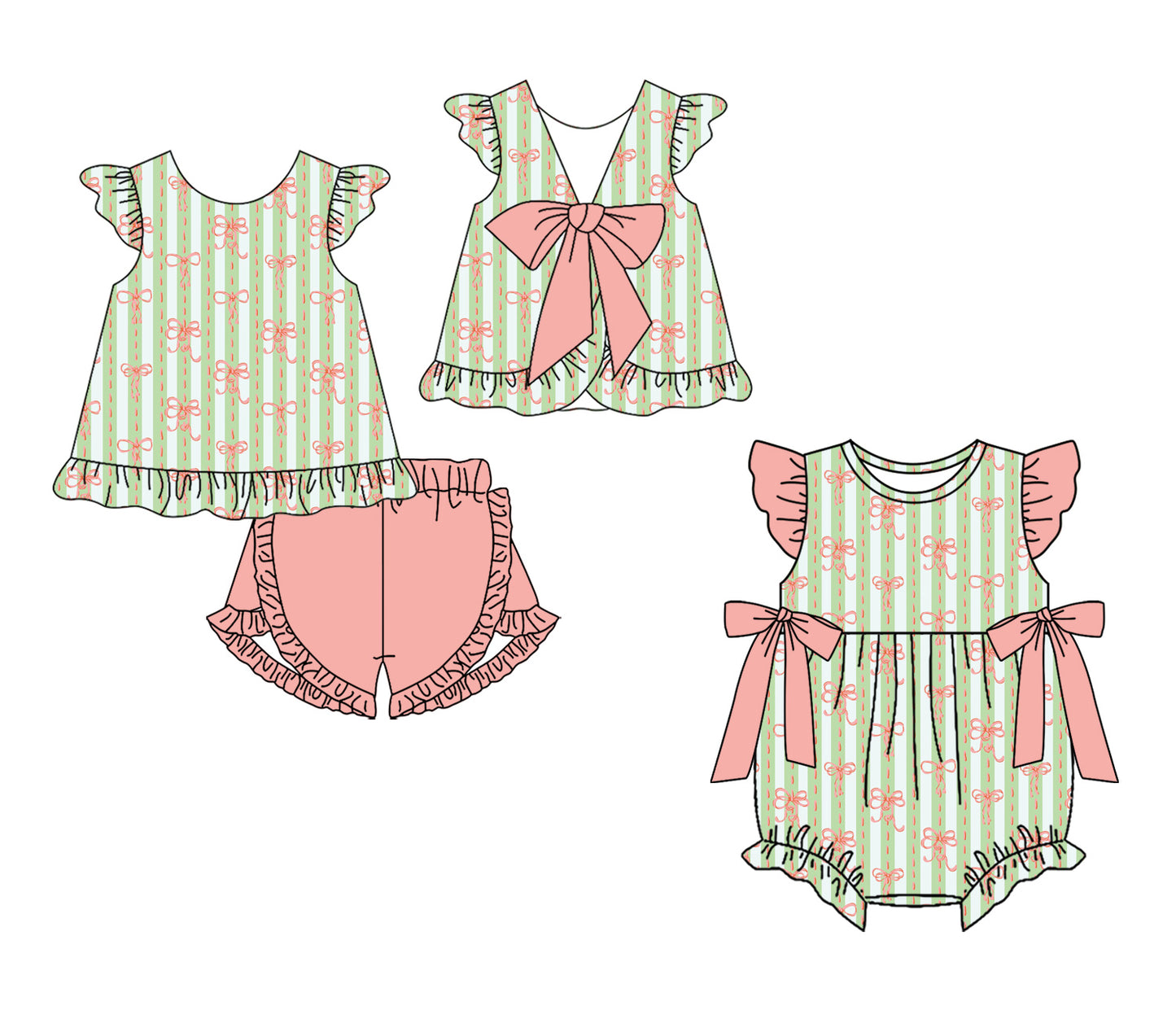 3.13 Custom moq 5 mix size Sibling Baby Girl's Bows Flutter-Sleeved Top And Shorts Set with Matching Flutter-Sleeved Romper Outfit Set