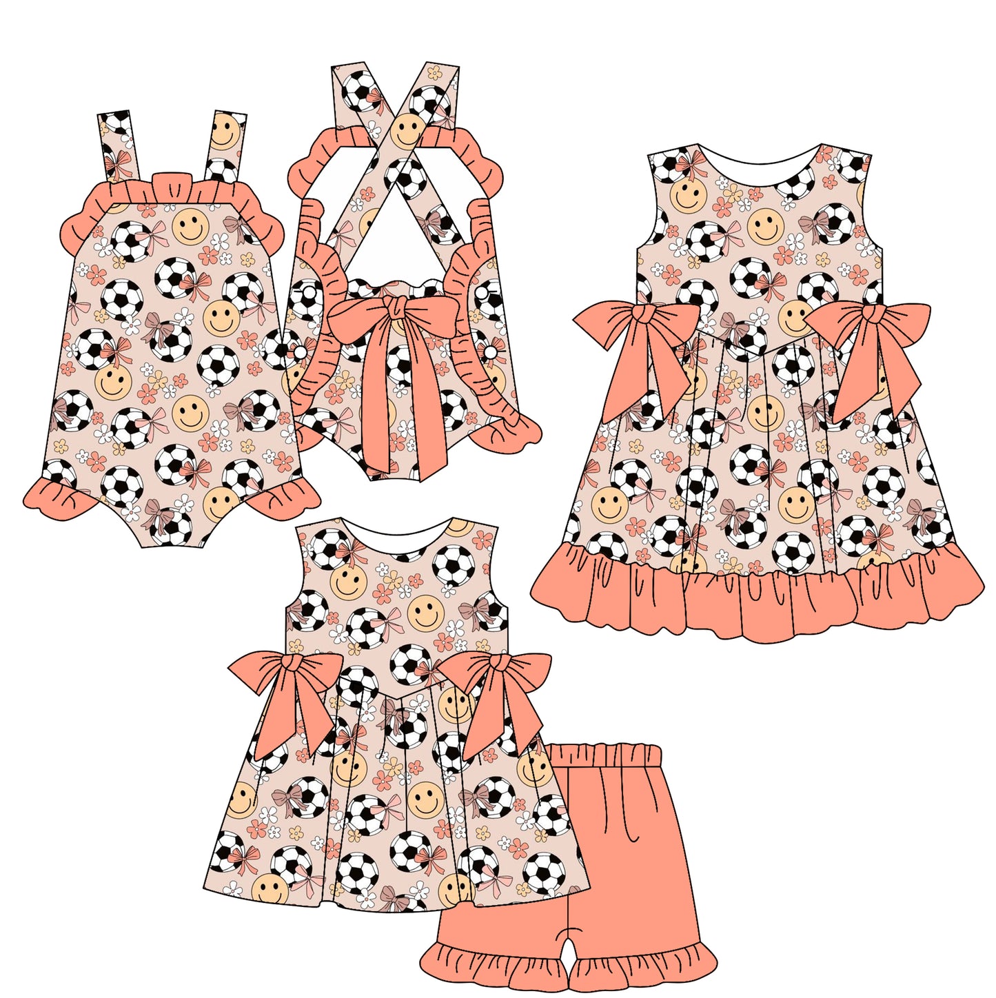 3.5 custom each style moq 5eta 4-6week Sibling Sister football smiley baby girl short sleeve shorts sets and dress and rompers match family design