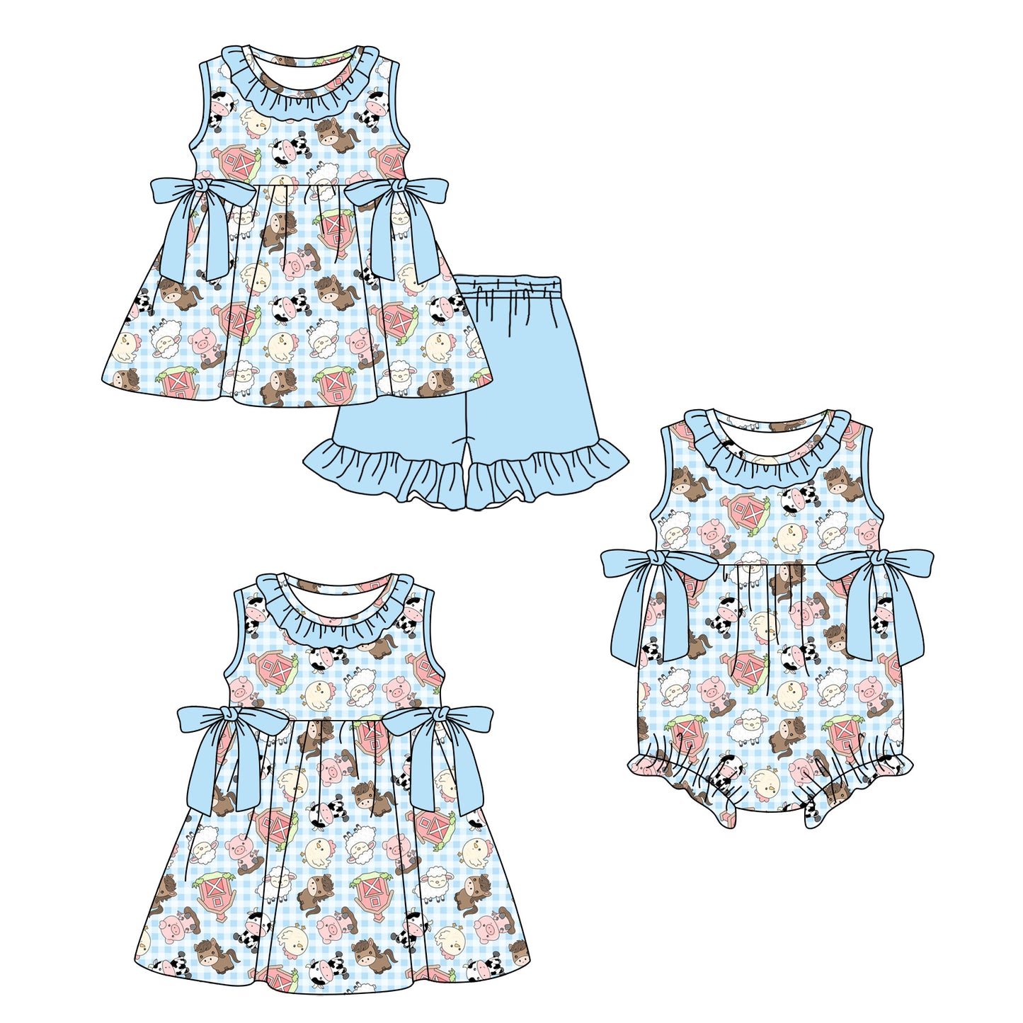 4.7 Custom moq 5 mix size Sibling Baby Girl's Blue Checkered Animal Farm Sleeveless Tunic Ruffle Shorts Set Cute Romper Dress for Summer