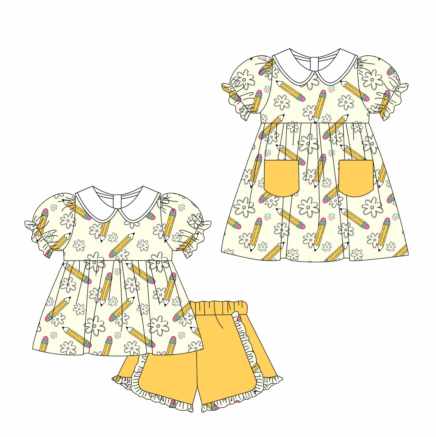 3.7Custom moq 5 mix size Sibling Baby Girl's Yellow Back To School Short-Sleeved Top And Shorts Set Cute Dress for Summer