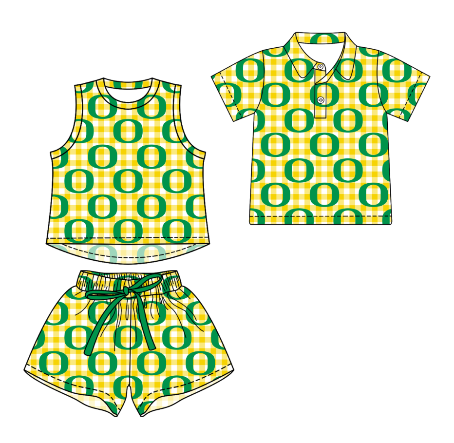 Custom moq 5 mix size milk silk summer teams Girls Checked Yellow Sleeveless Top And Short Sets Boys Short Sleeve Button Polo Shirt Top