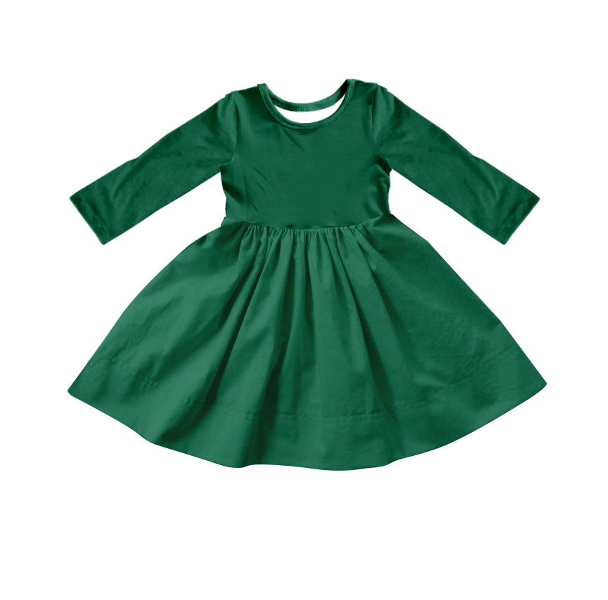Custom moq 5 Girls Blank Cotton Long Sleeve Dress Hunter Green Long Sleeve Dress
