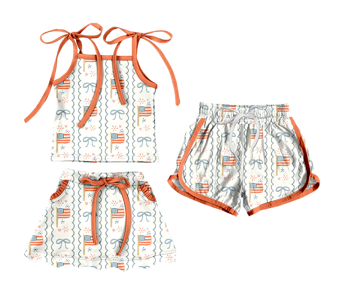 3.20 Custom moq 5 mix size Sibling Baby Girl's 4th of July Strap Top And Skirt Set with Matching Drawstring Shorts Outfit