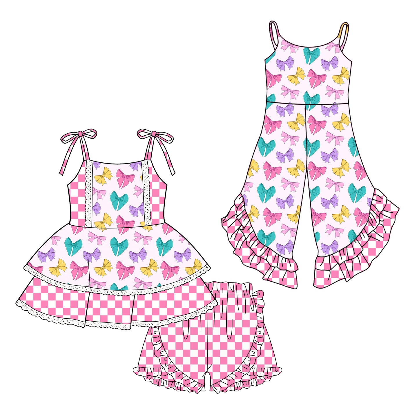 25.12.13 custom each style moq 5 eta 6-8week Sibling Sisters bow baby girl short sleeve shorts sets and jumpsuit match family design