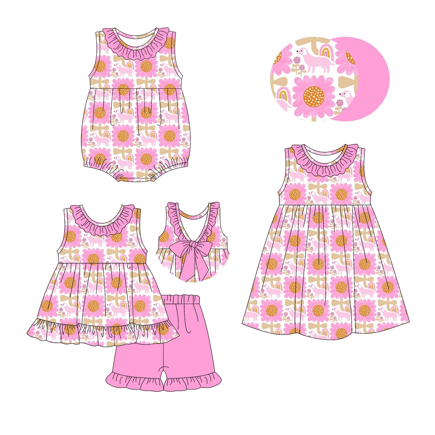 2.28 custom each style moq 5eta 4-6week Sibling Sister baby girl short sleeve shorts sets and dress and rompers match family design
