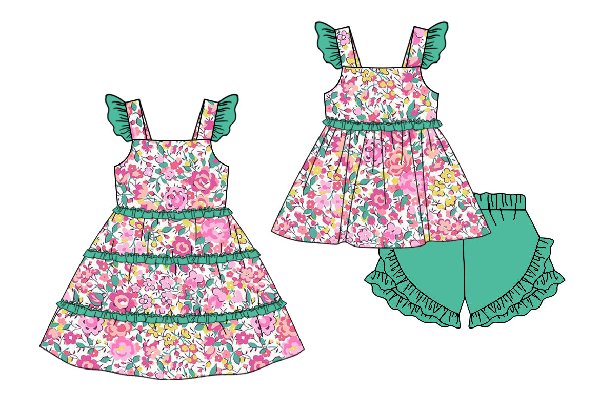 11.11 custom each style moq 5eta 4-6week Sibling Sister floral baby girl short sleeve shorts sets and dresses match design