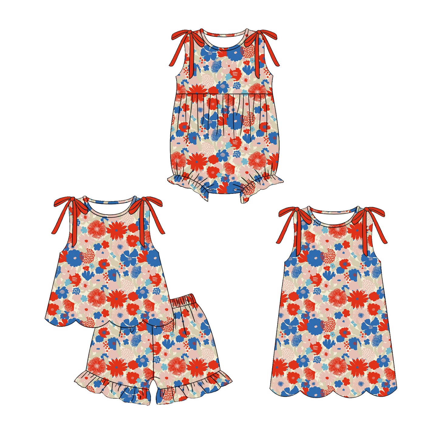 3.30 Custom moq 5 mix size Sibling Baby Girl's Flowers Sleeveless Top And Short Set Cute Romper Dress for Summer