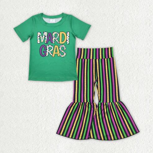RTS NO MOQ Sibling Baby Girls Mardi Gras Top And Bell Bottom Stripe Pants for Infants
