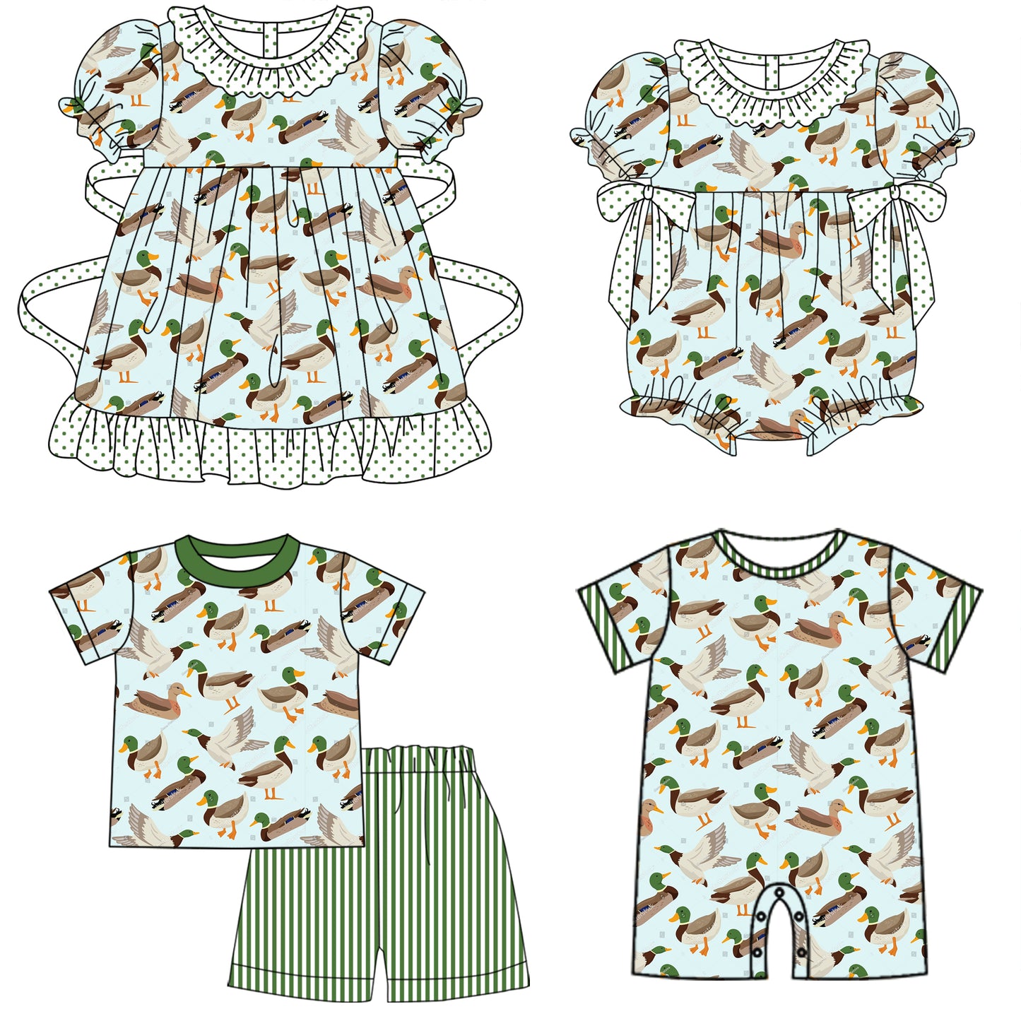 11.9 custom each style moq 5eta 4-6week Sibling Sister duck baby girl short sleeve shorts sets and girl romper and boy romper and dress match design