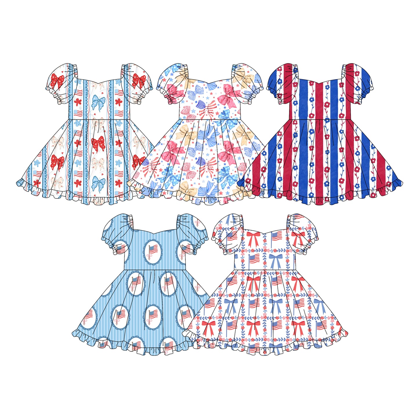 Custom moq 5 mix size Sibling Baby Girl's Printed Short-Sleeved Knee-Length Dress Cute 4th of July Clothing