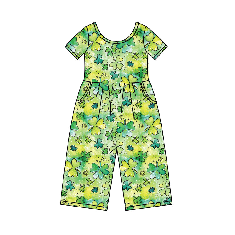 10.17 custom each style moq 5eta 4-6week baby girls clothes Four Leaf Clover green short sleeve baby girls jumpsuit