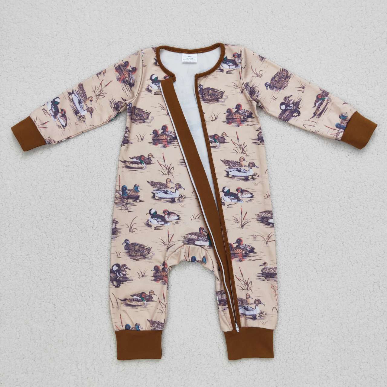 RTS NO MOQ(In Stock) Yuanyang Mallard Brown Zip Long Sleeve Jumpsuit